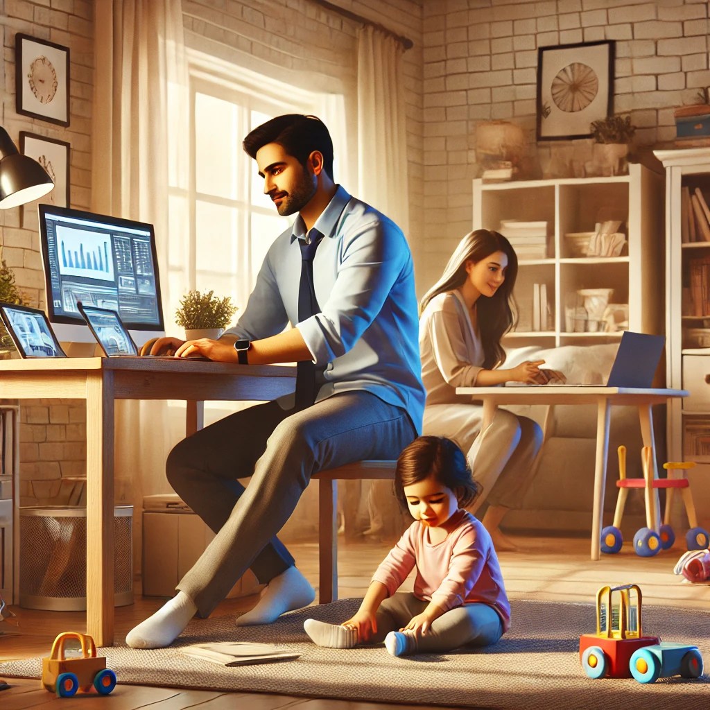 DALL·E 2025-01-14 12.50.43 - A scene featuring three people_ Akhilesh, a clean-shaven male, working from home at his workstation, seated at a desk with a laptop and a second monit